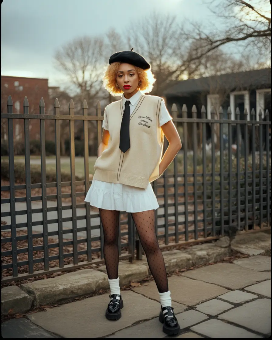 preppy outfits 2026 Classic Cream Vest with Modern Edge