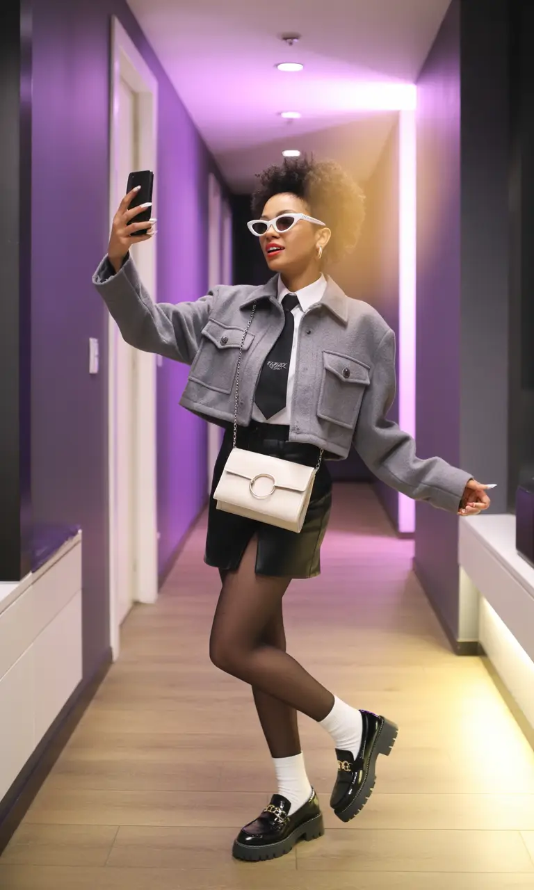 preppy outfits 2026 Grey Cropped Jacket & Nighttime Prep Energy