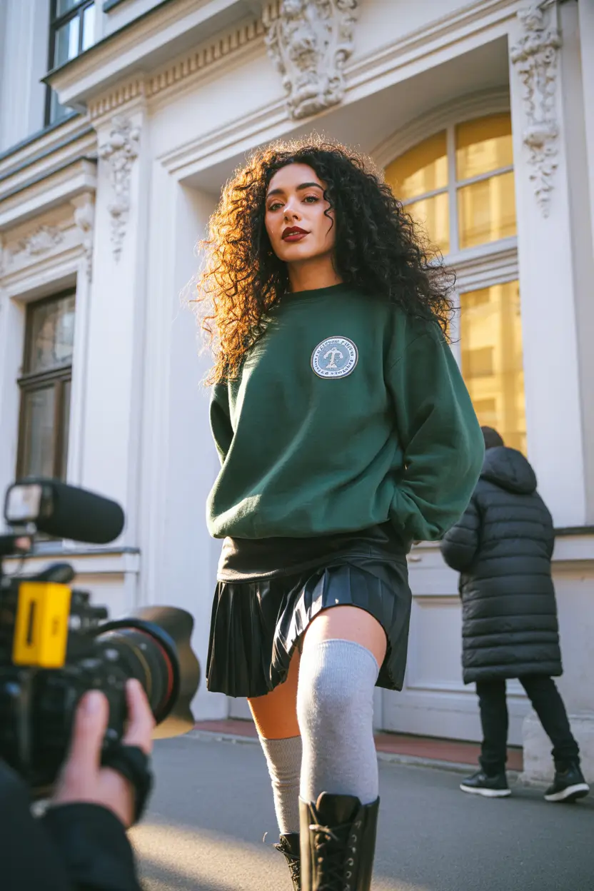 preppy outfits 2026 Forest Green Sweatshirt & Downtown Prep Revival