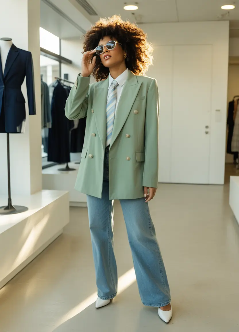stylish blazer outfits 2026 mint green tailoring with light denim freshness
