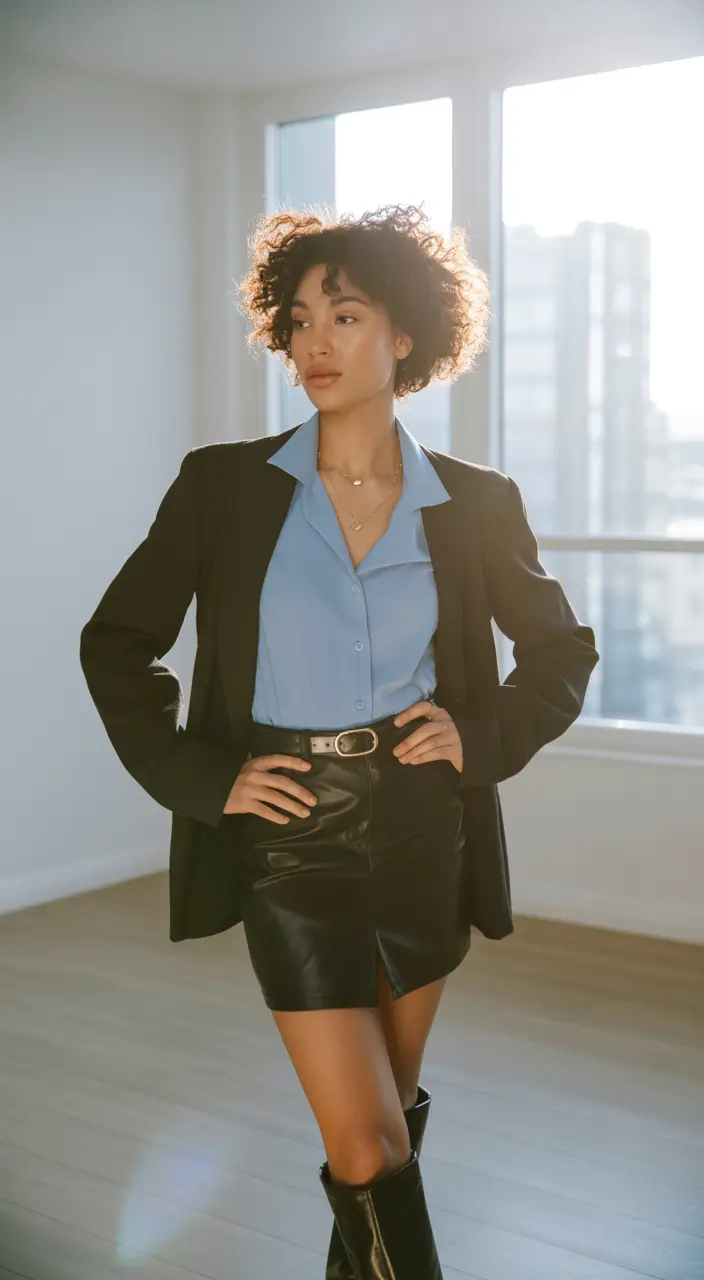 stylish blazer outfits 2026 leather skirt confidence with classic black tailoring