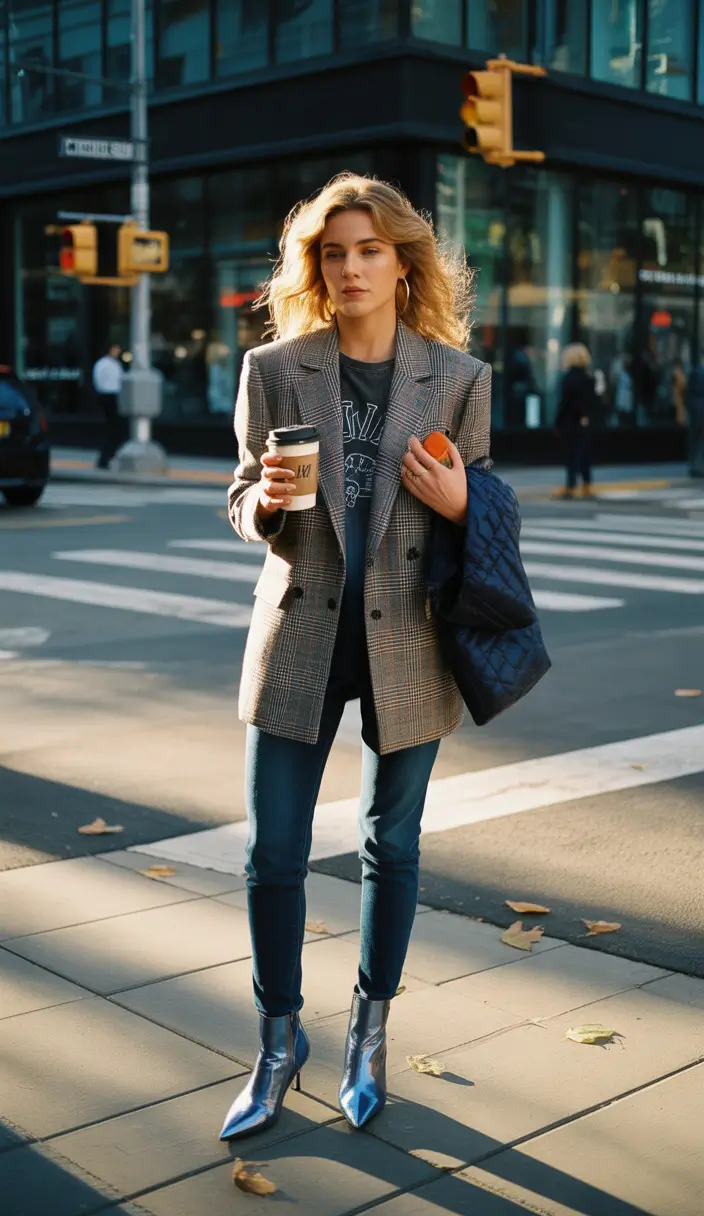 stylish blazer outfits 2026 metallic boots and weekend tailoring