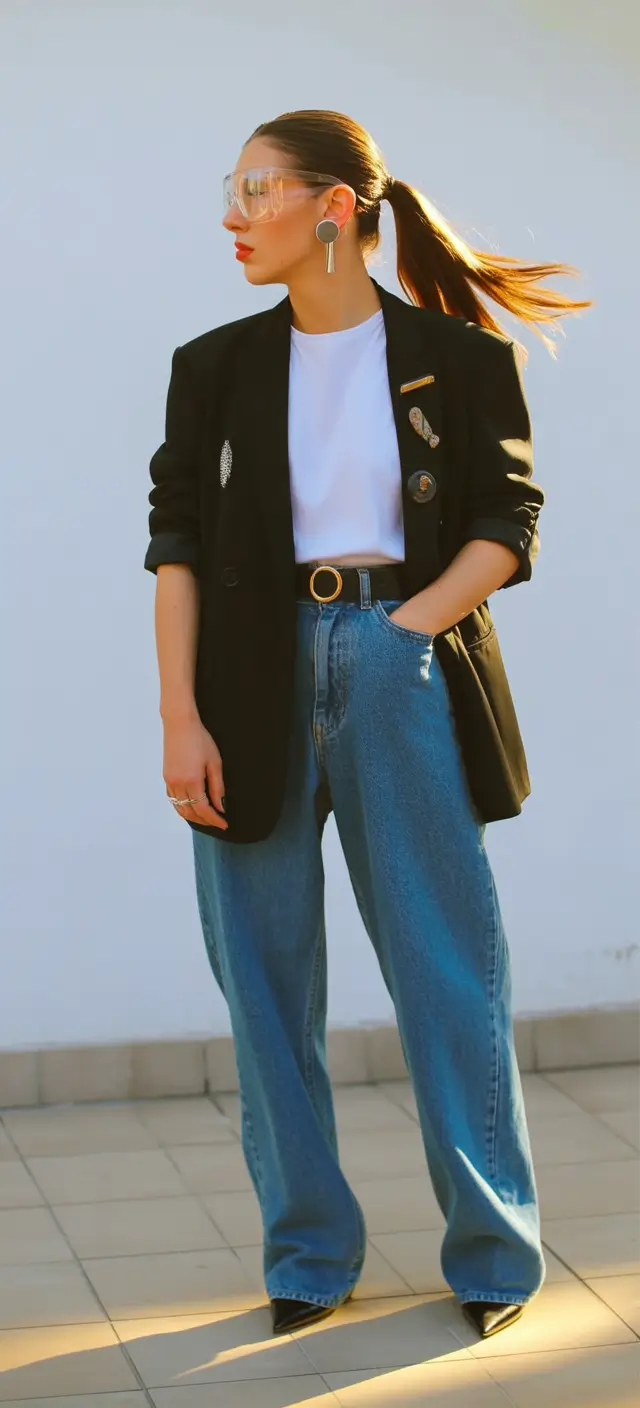 stylish blazer outfits 2026 relaxed denim with a polished blazer