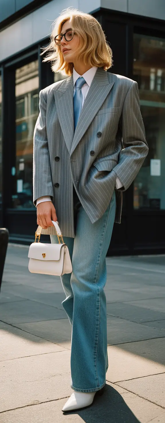 stylish blazer outfits 2026 pinstripe blazer and light denim ease