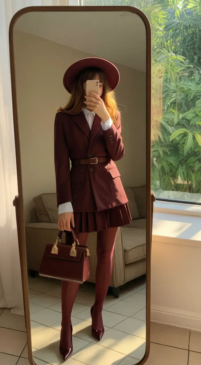 stylish blazer outfits 2026 monochrome burgundy elegance