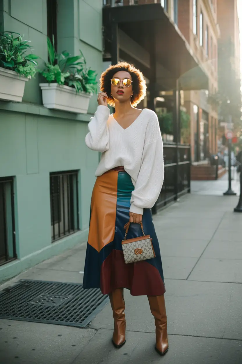 summer outfits for black women 2026-patchwork leather elegance with soft knit balance