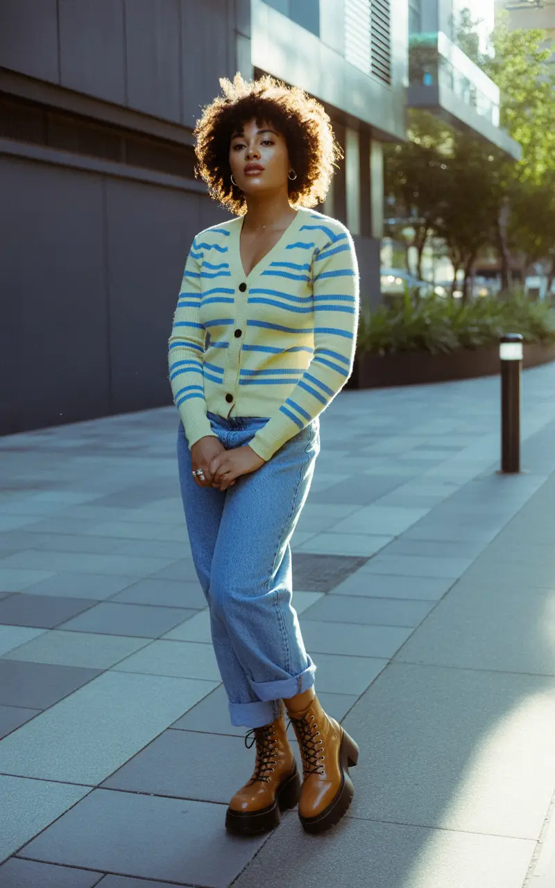 summer outfits for black women 2026-striped cardigan charm with chunky boots