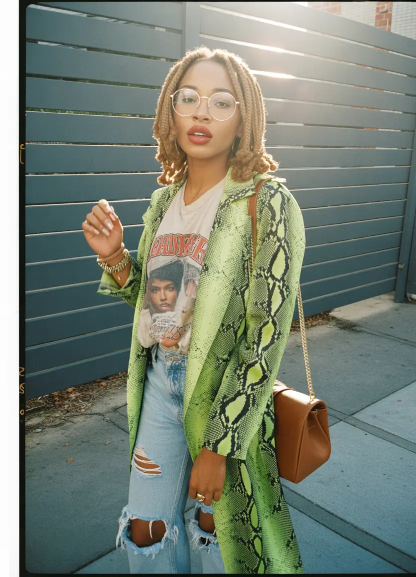 summer outfits for black women 2026-lime snake print power with vintage tee ease