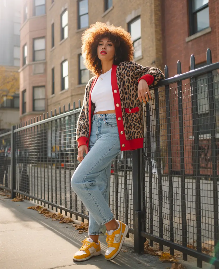 summer outfits for black women 2026-leopard cardigan with street bright sneakers