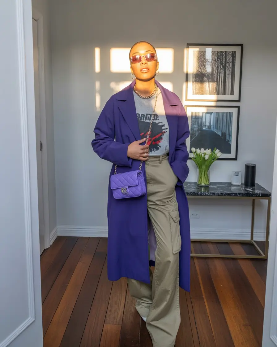 summer outfits for black women 2026-purple statement coat for urban summer nights