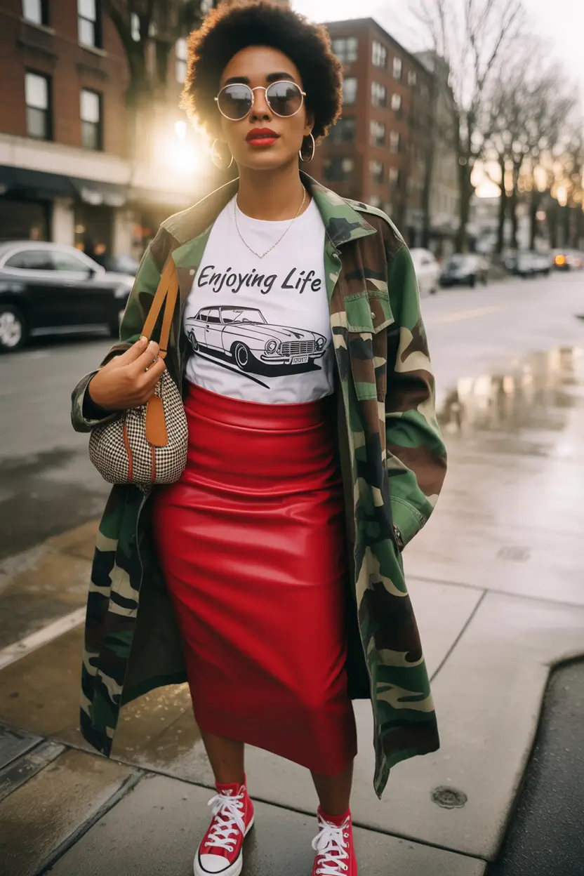 summer outfits for black women 2026-red leather skirt with summer camo cool