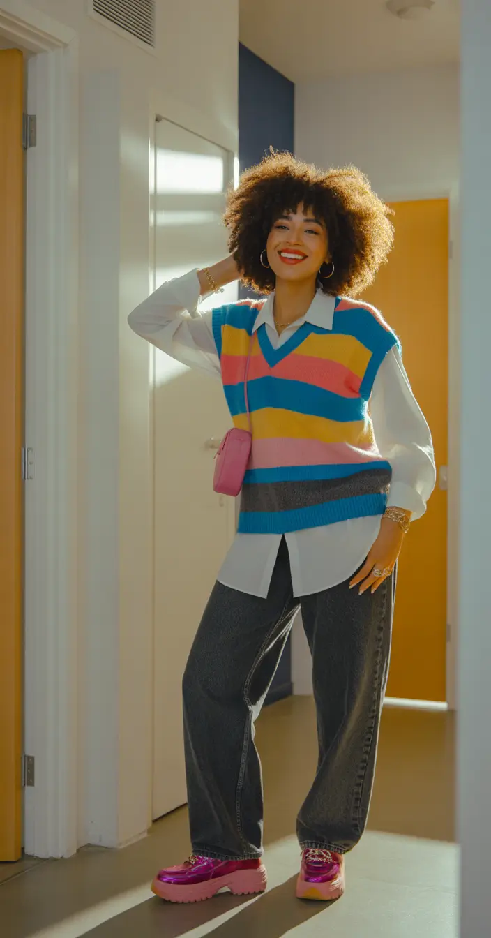 fashion outfits colorful preppy layers with joyful retro energy