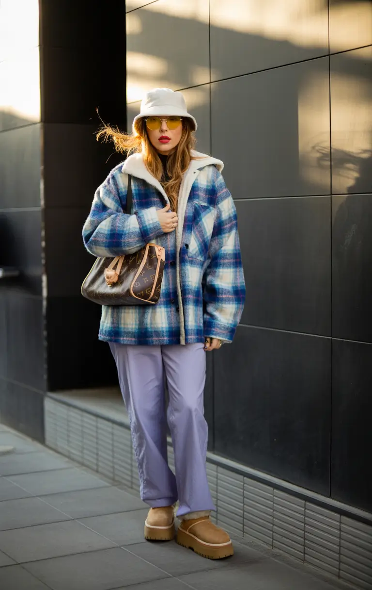 fashion outfits cozy winter plaid with a soft colorful twist