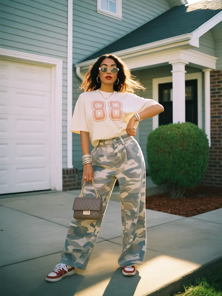 fashion outfits sporty camo chic with early 2000 confidence