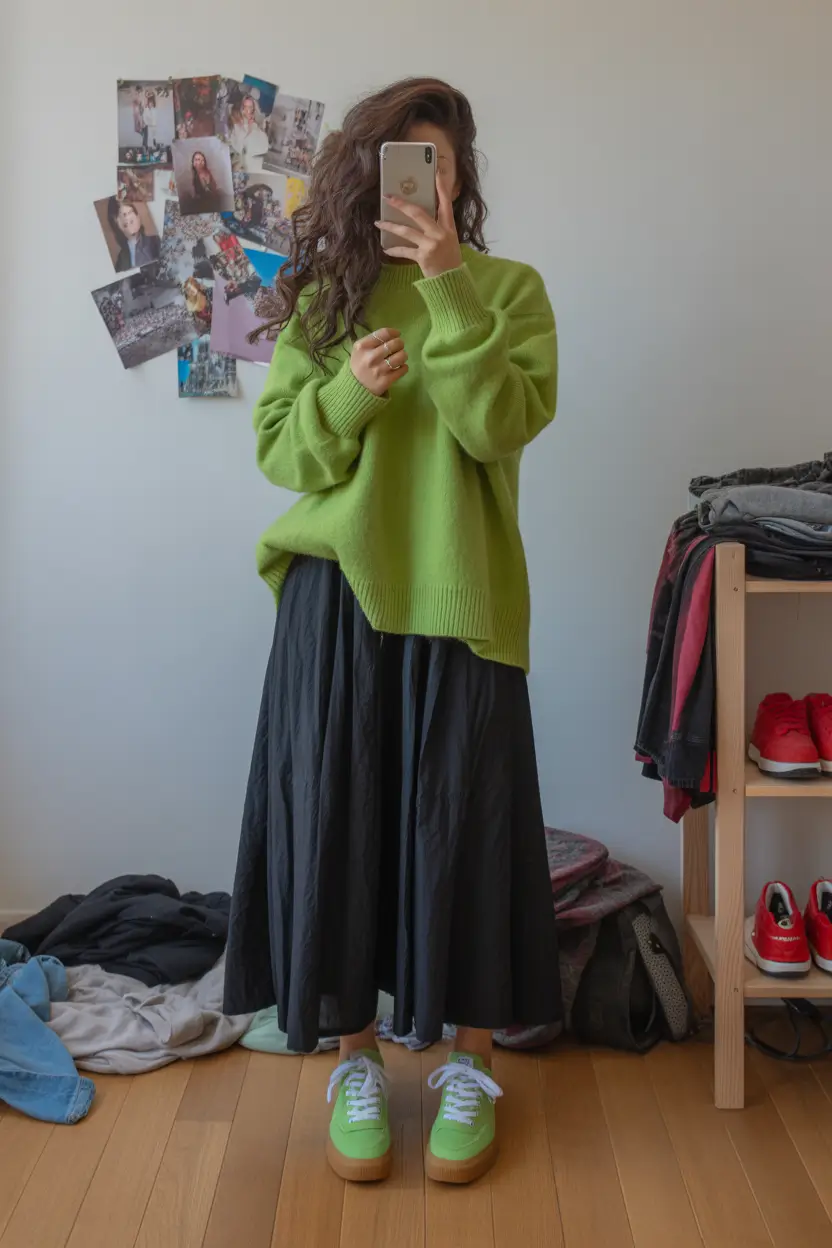 trendy outfits 2026 bright knits and fluid silhouettes