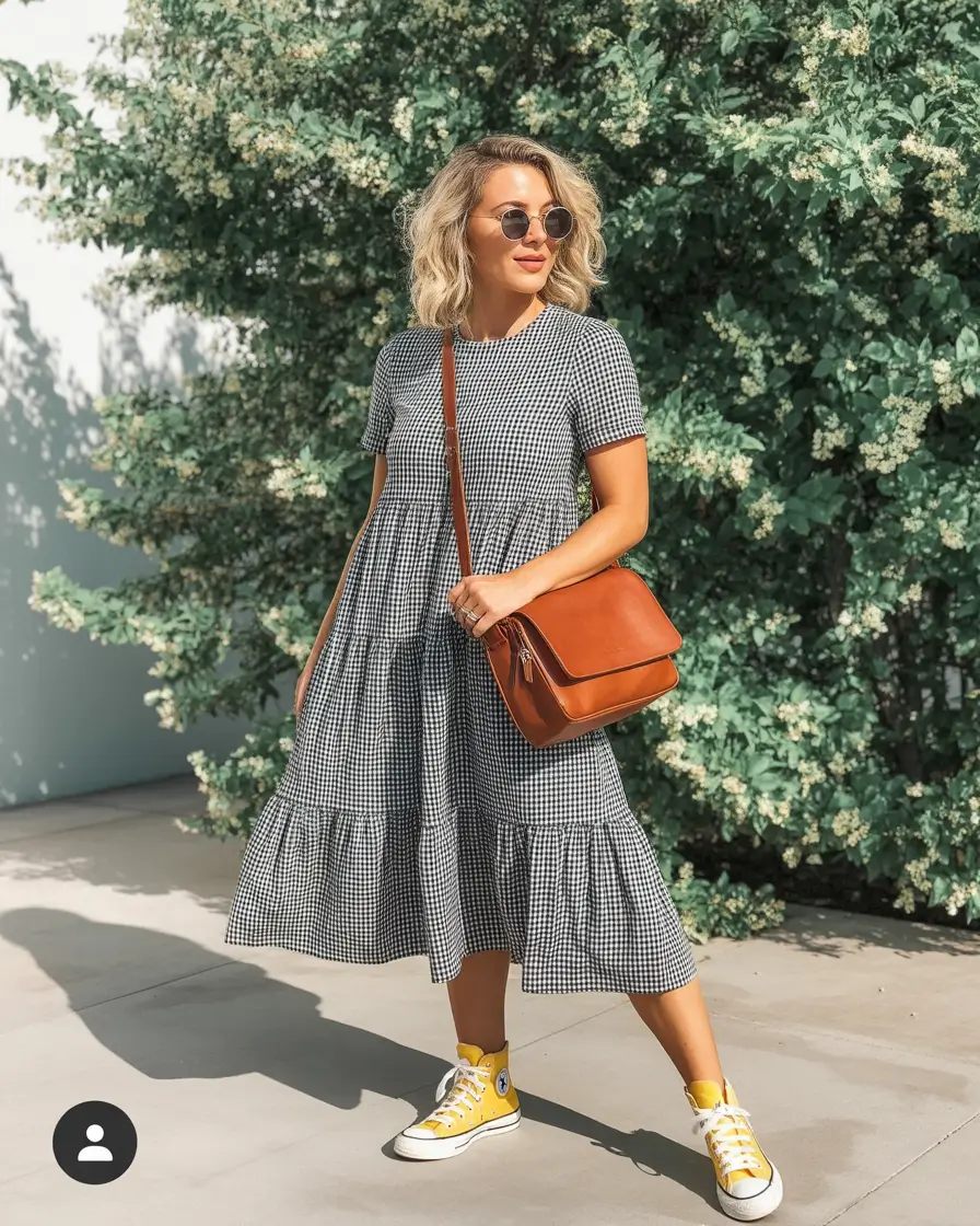 trendy outfits 2026 retro gingham and mustard sneakers