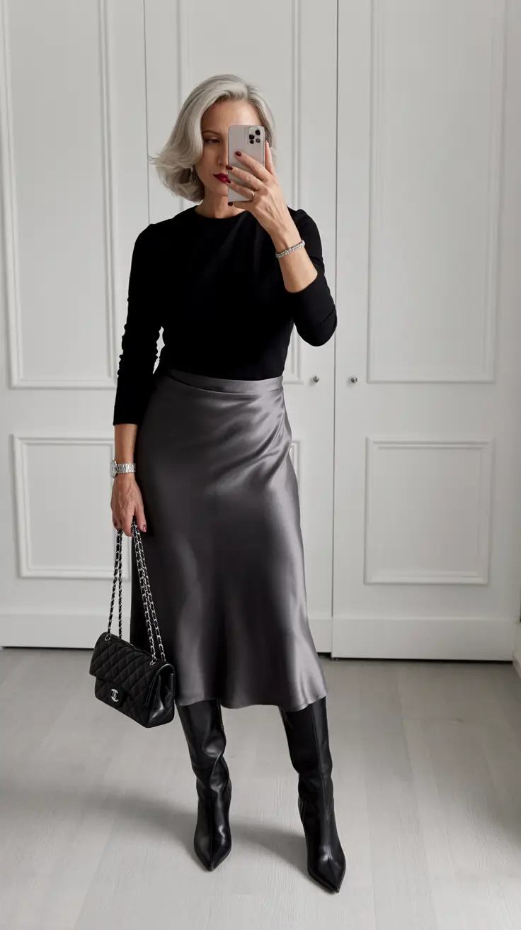 Outfits for Women Over 50 Satin Noir Sophistication