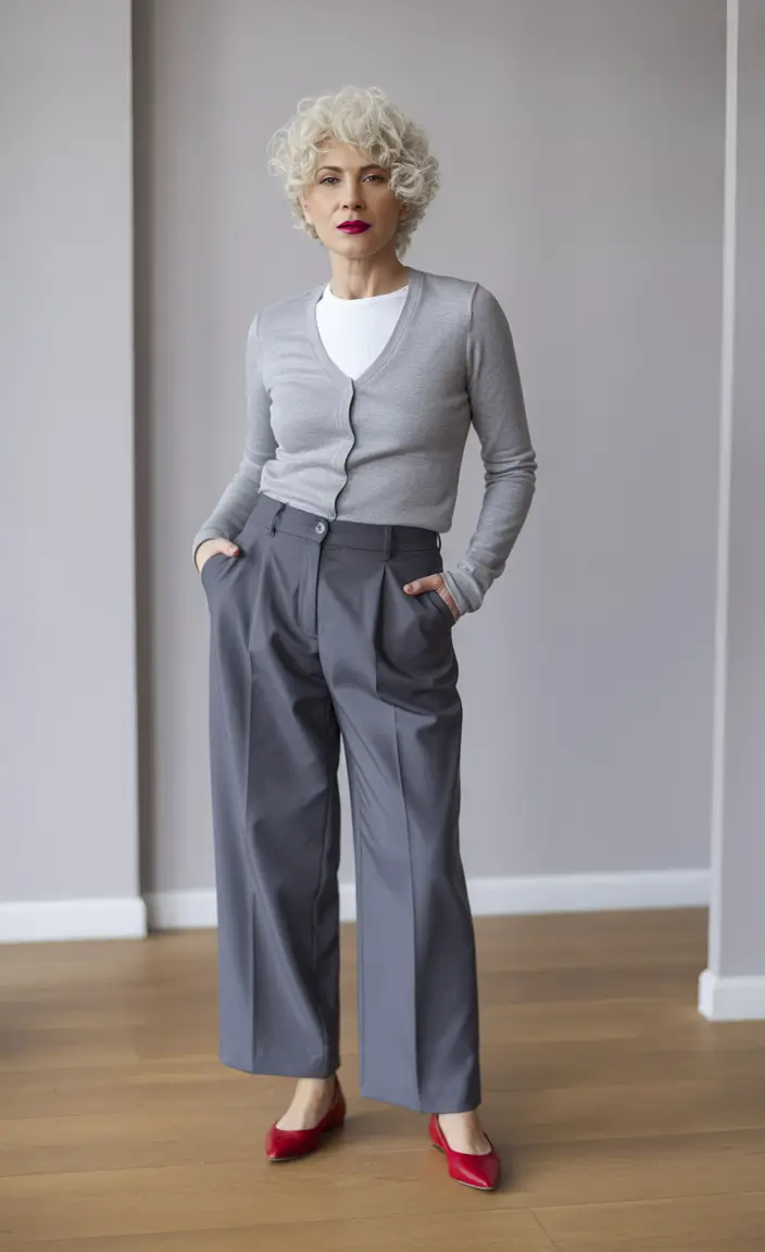 Outfits for Women Over 50 Minimalist Grey with a Bold Accent