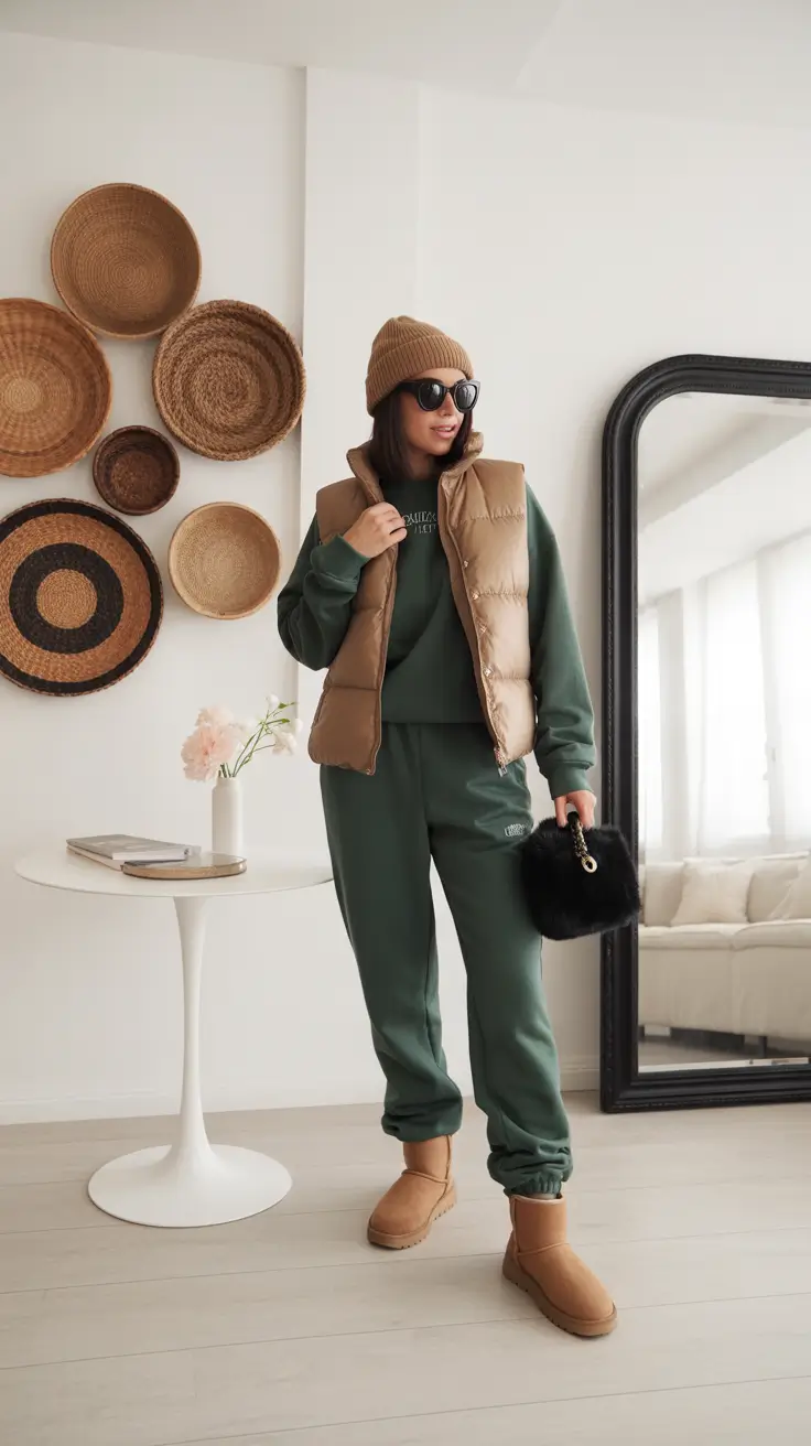 ugg outfits 2026 Soft green loungewear with caramel outerwear tones