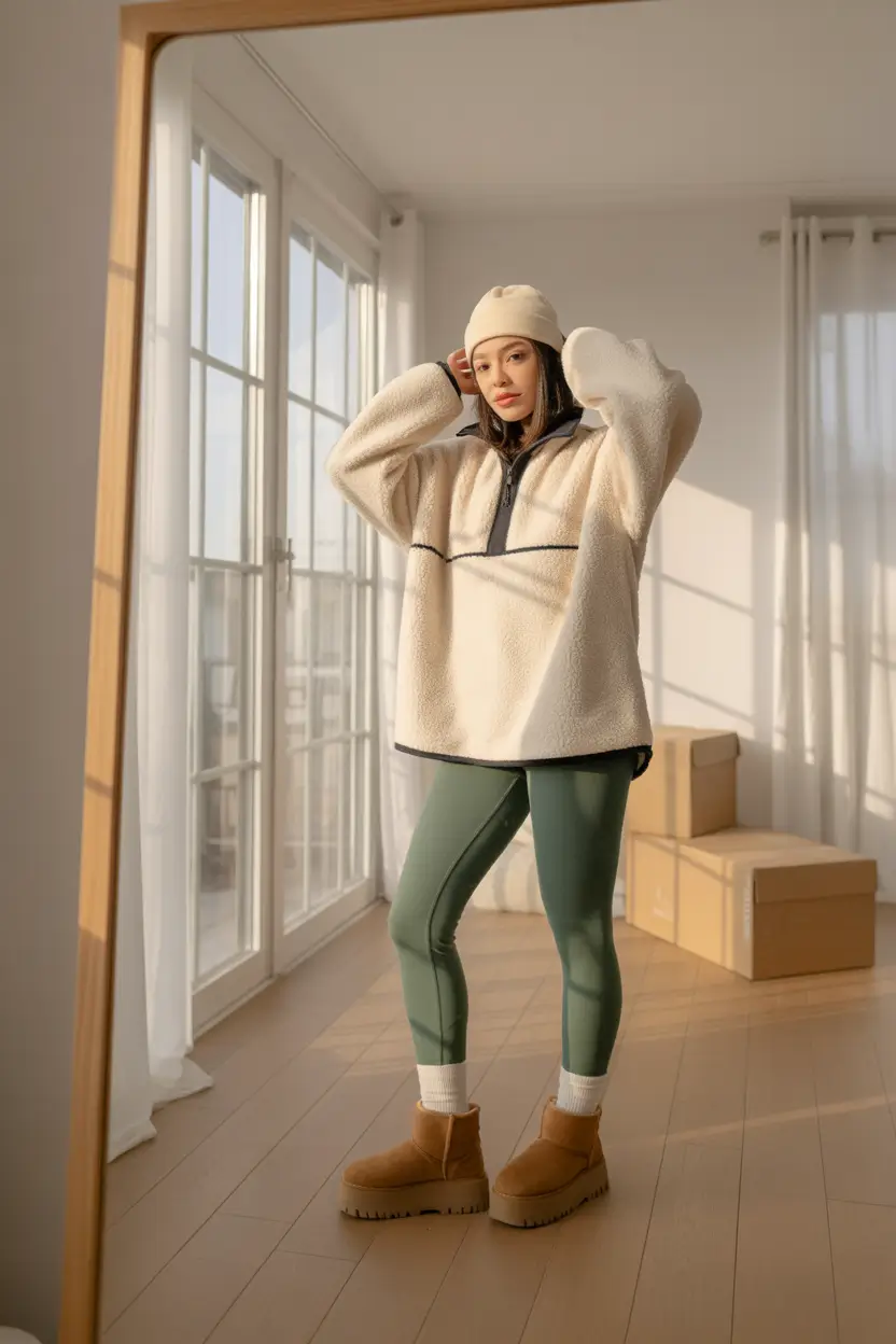 ugg outfits 2026 Cozy fleece layers with soft winter sunlight