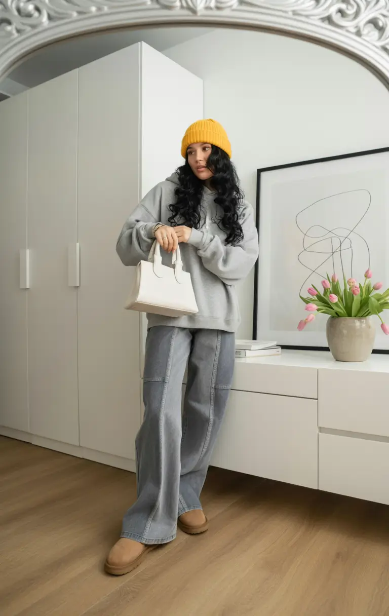 ugg outfits 2026 Muted grays with bright accents and relaxed denim