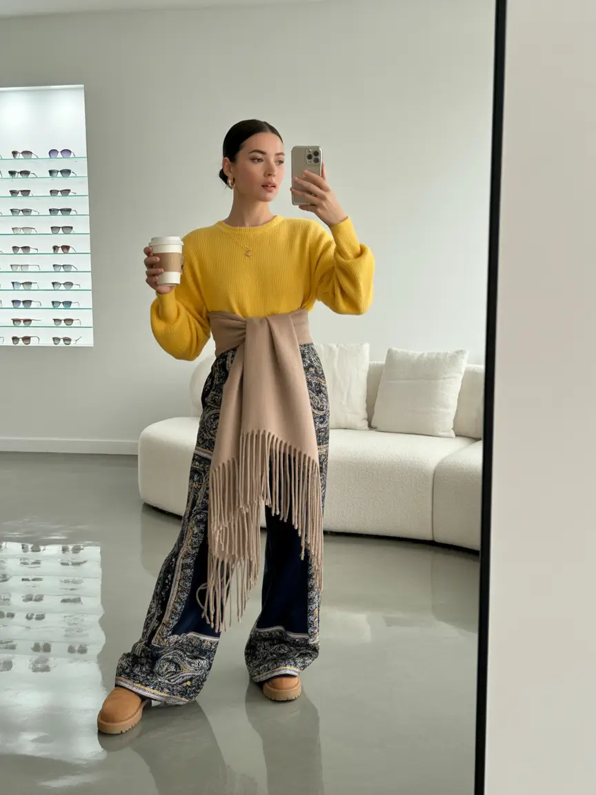 ugg outfits 2026 Bold color pairing with luxe draped accessories