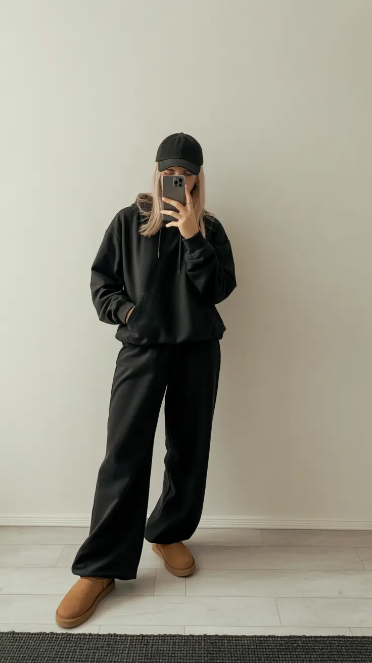 ugg outfits 2026 All-black ease with warm neutral grounding