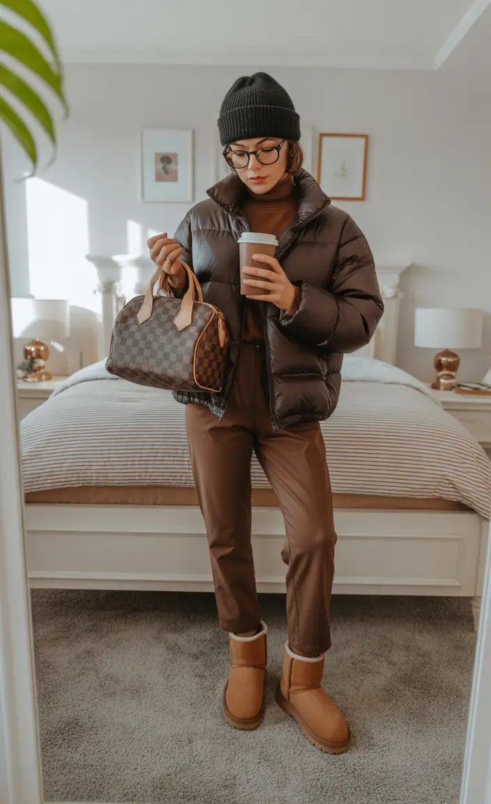 ugg outfits 2026 Rich chocolate tones with structured winter elements