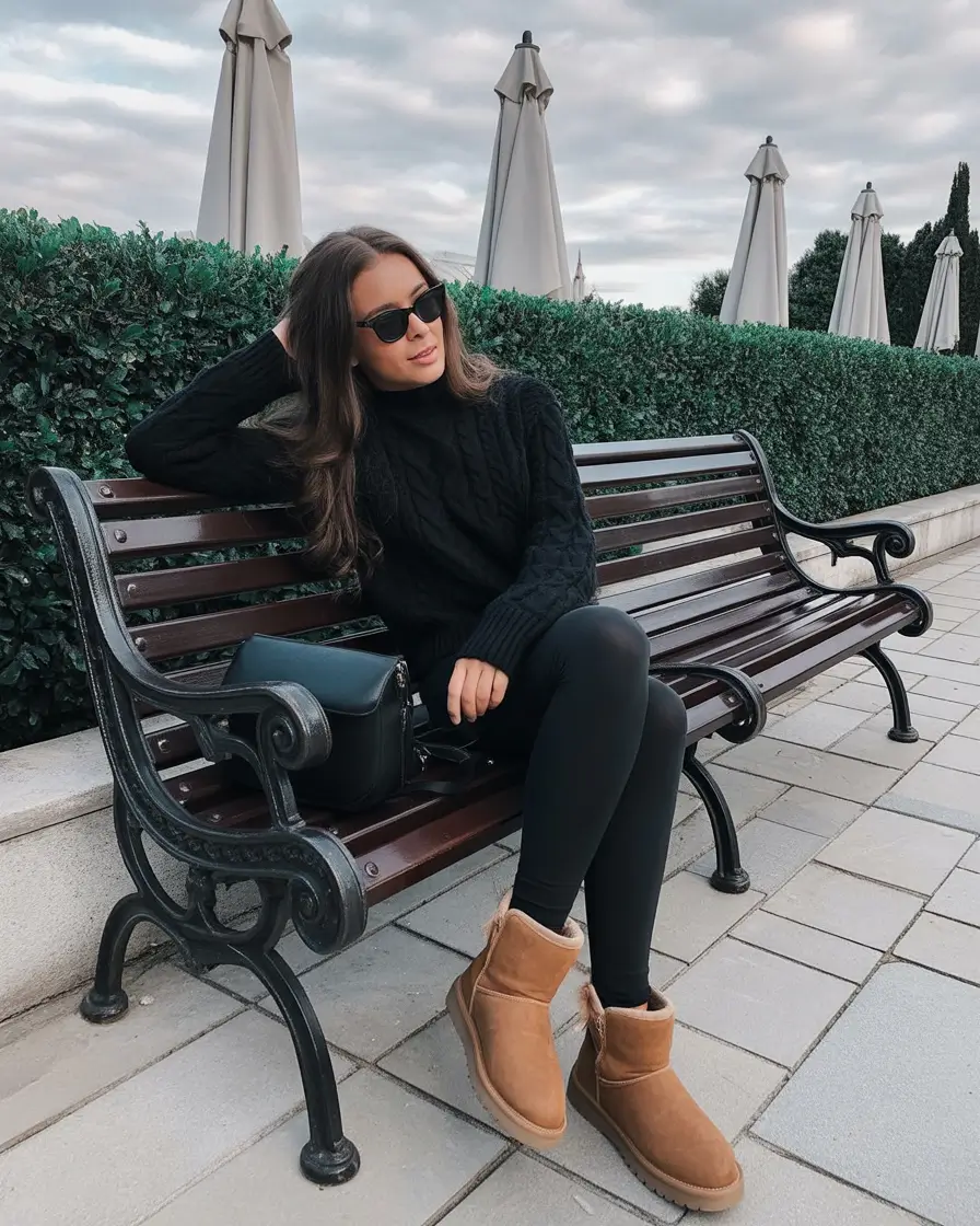 ugg outfits 2026 Minimal black knit with warm neutral accents