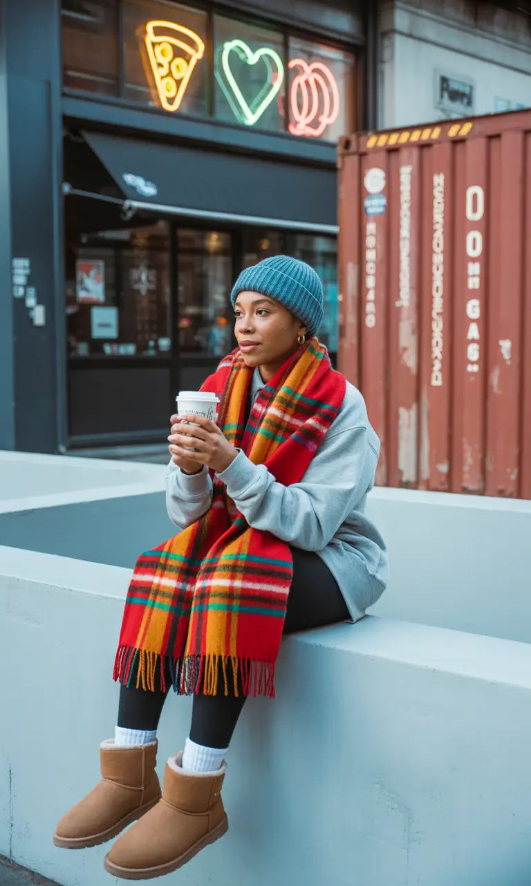 ugg outfits 2026 Bold scarf layers with everyday cozy basics