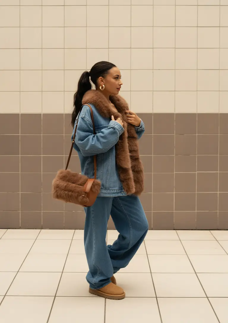 ugg outfits 2026 Denim-on-denim with cozy textured accents