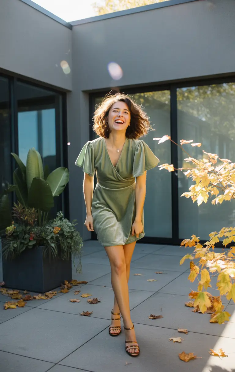 wedding guest outfits sage velvet playful mini