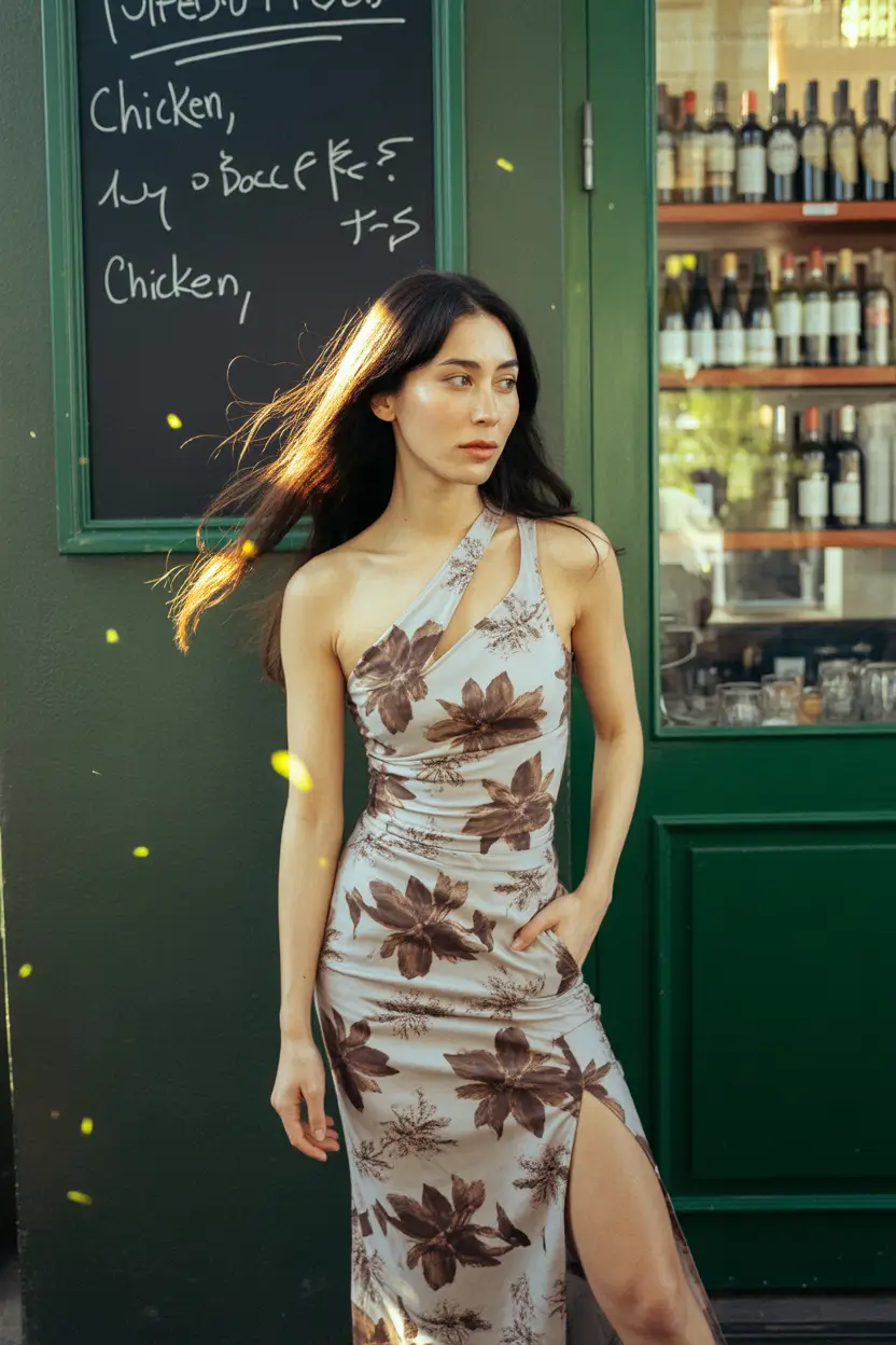 wedding guest outfits floral asymmetry in urban light