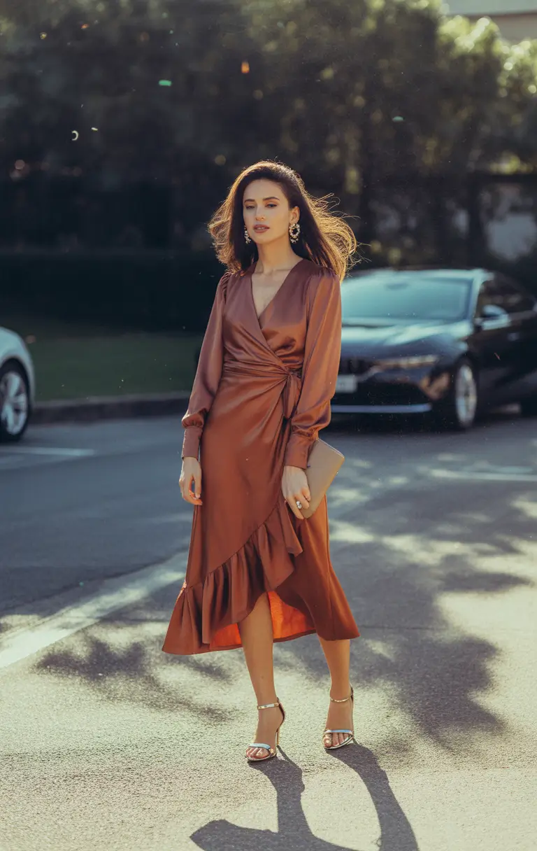 wedding guest outfits copper ruffle evening romance