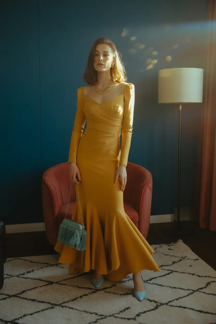 wedding guest outfits sunlit mustard mermaid glamour