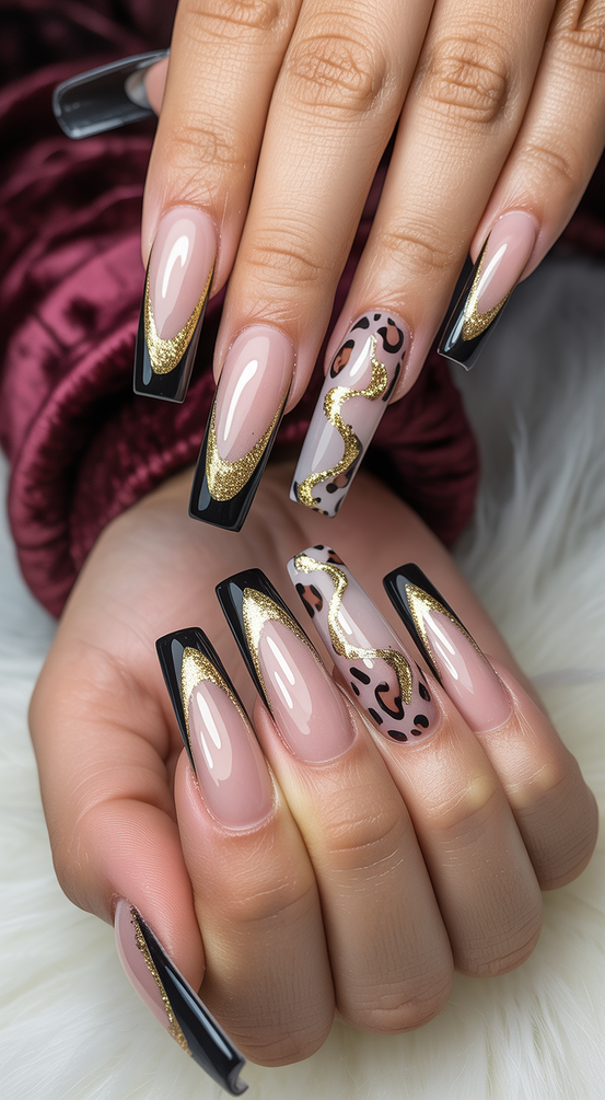 acrylic nail designs 2026 nude gold coffin