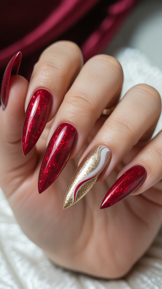 acrylic nail designs 2026 red almond gold accent