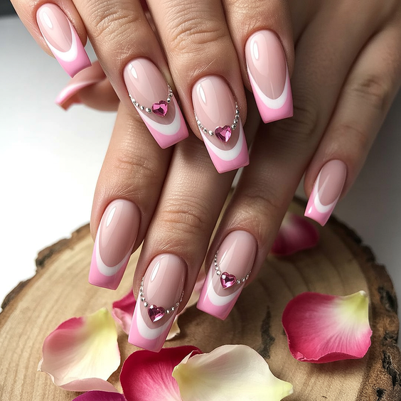 acrylic nail designs 2026 pink french heart charms