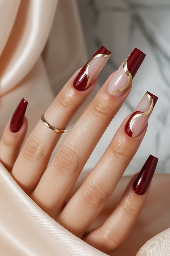 acrylic nail designs 2026 burgundy gold coffin