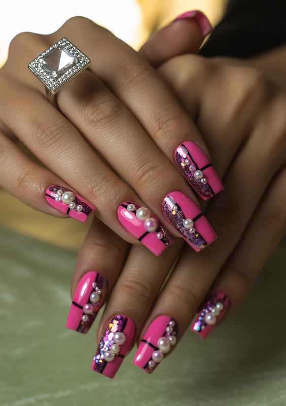 acrylic nail designs 2026 pink square pearls