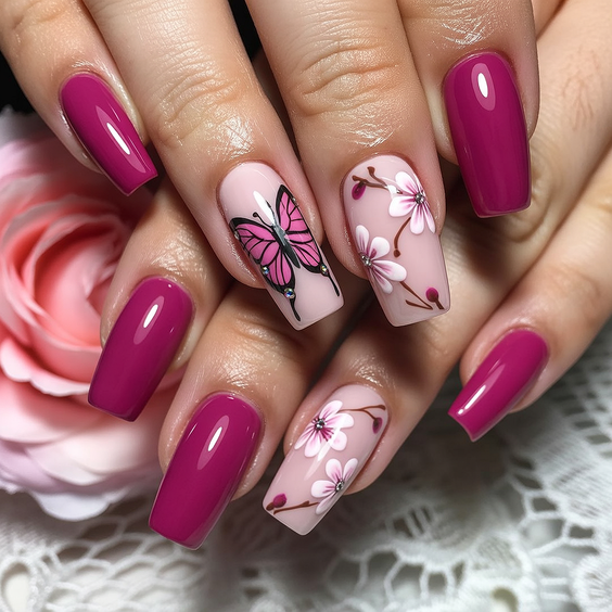 acrylic nail designs 2026 floral butterfly square