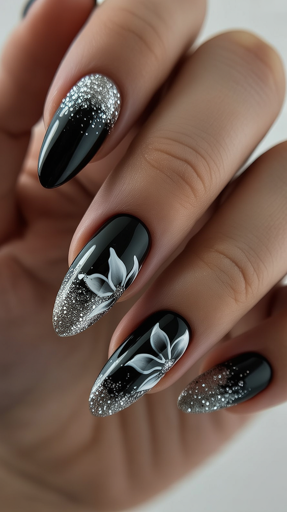 acrylic nail designs 2026 black almond silver floral