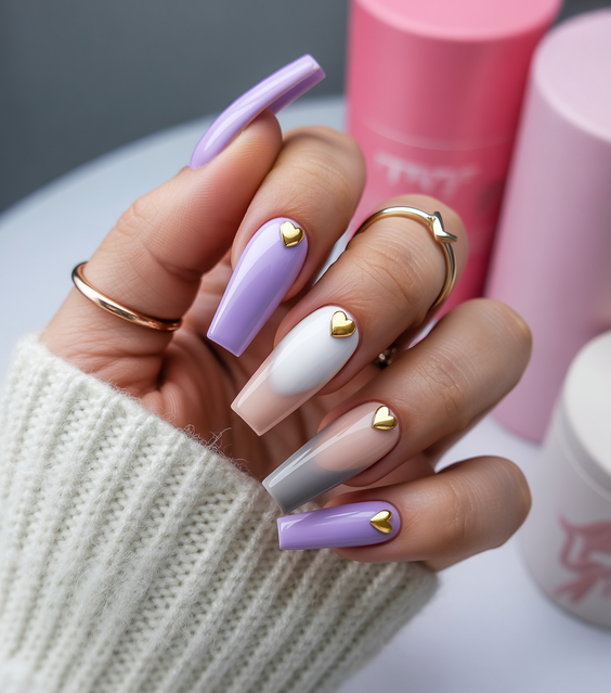 acrylic nail designs 2026 pastel coffin gold hearts