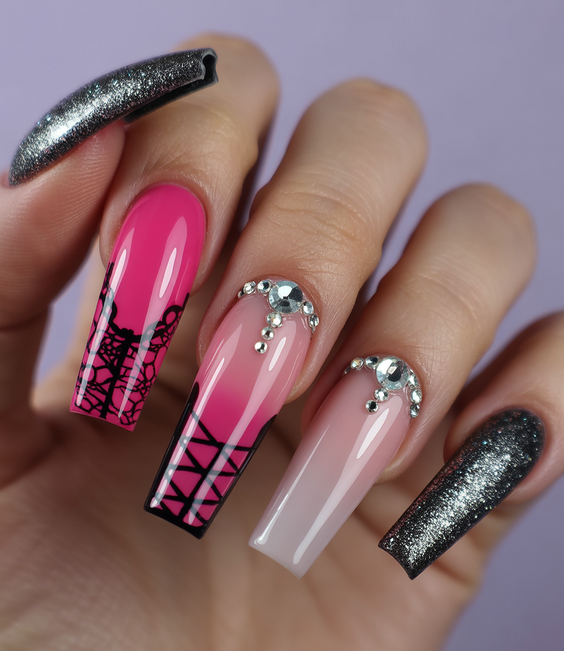 acrylic nail designs 2026 pink coffin graphic