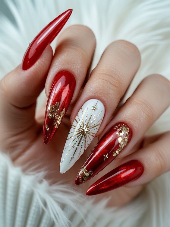 acrylic nail designs 2026 red stiletto gold foil
