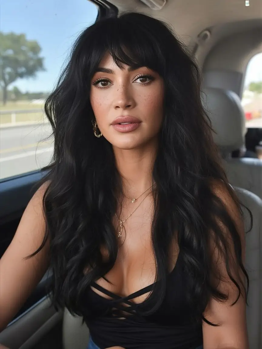 Best haircuts for long hair 2026 Deep Black Waves With Full Textured Fringe