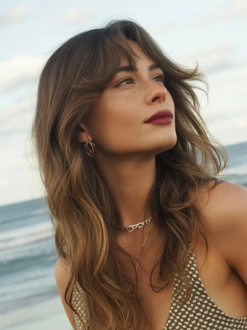 Best haircuts for long hair 2026 Beach Soft Layers With Airy Curtain Fringe