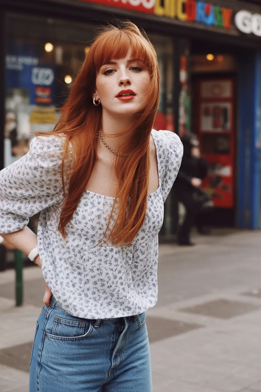 Best haircuts for long hair 2026 Long Red Straight Cut With Soft Rounded Fringe