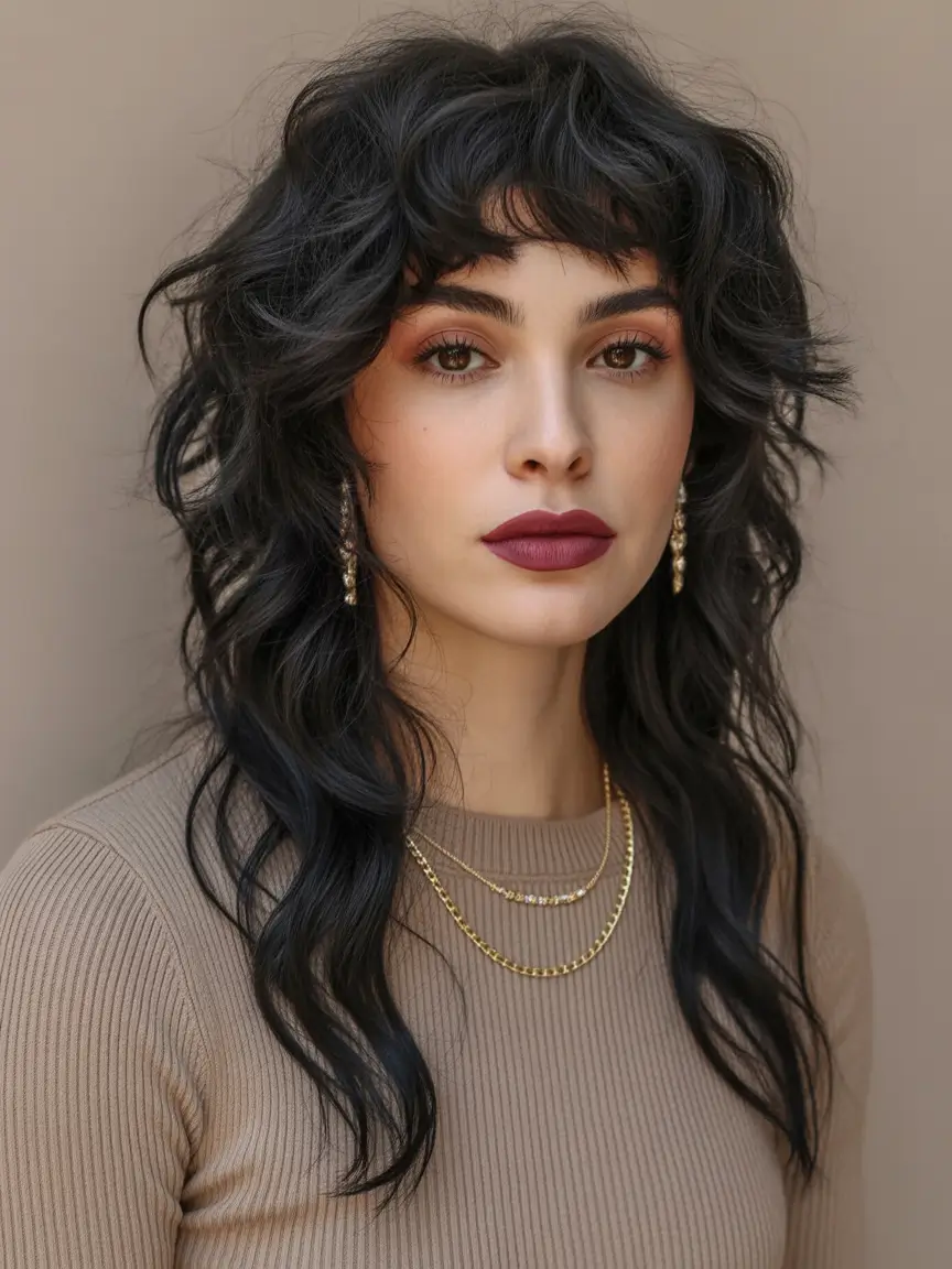 Best haircuts for long hair 2026 Dark Wavy Wolf Layers With Soft Micro Fringe