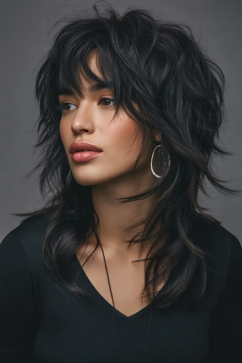 Best haircuts for long hair 2026 Modern Dark Wolf With Tousled Texture